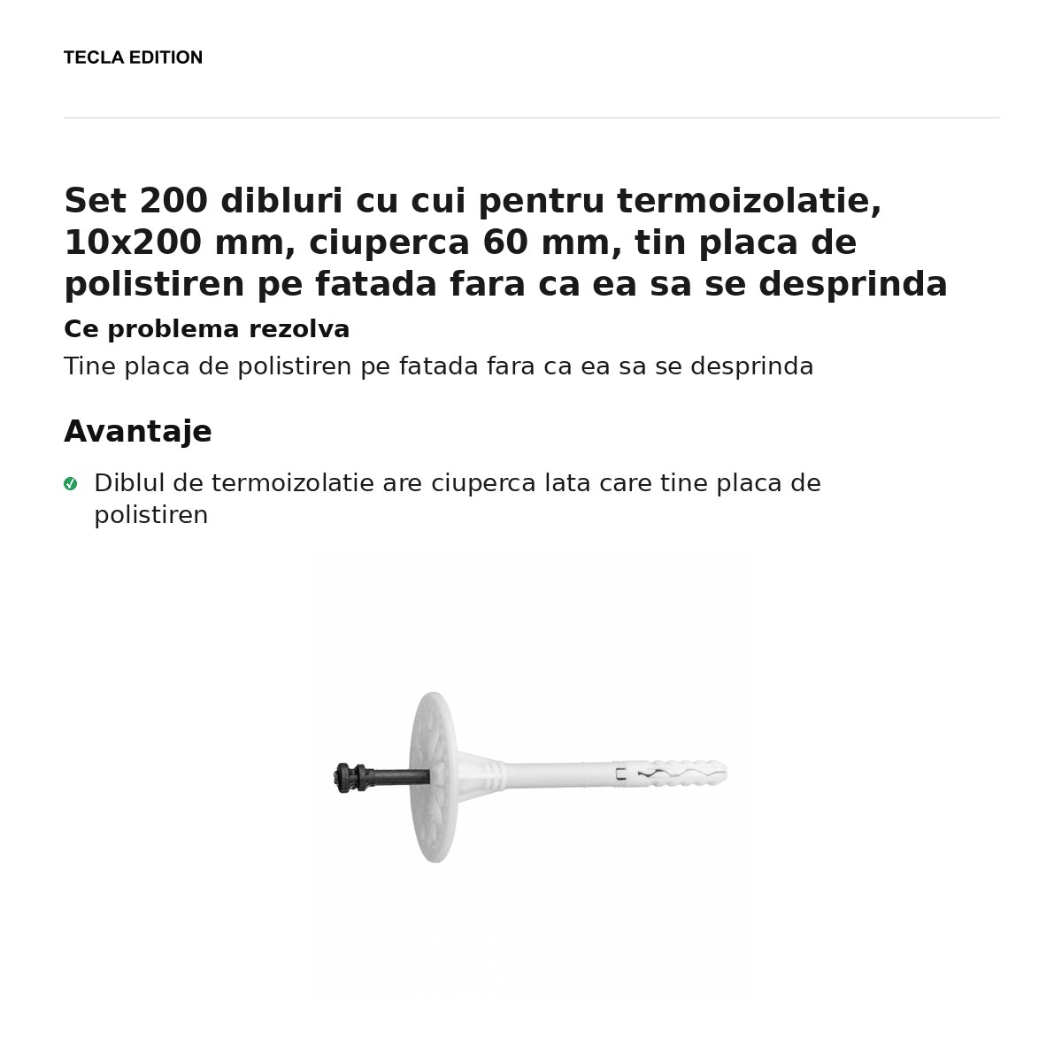 Set 200 dibluri cu cui pentru termoizolatie, 10x200 mm, ciuperca 60 mm, tin placa de polistiren pe fatada fara ca ea sa se desprinda [1]