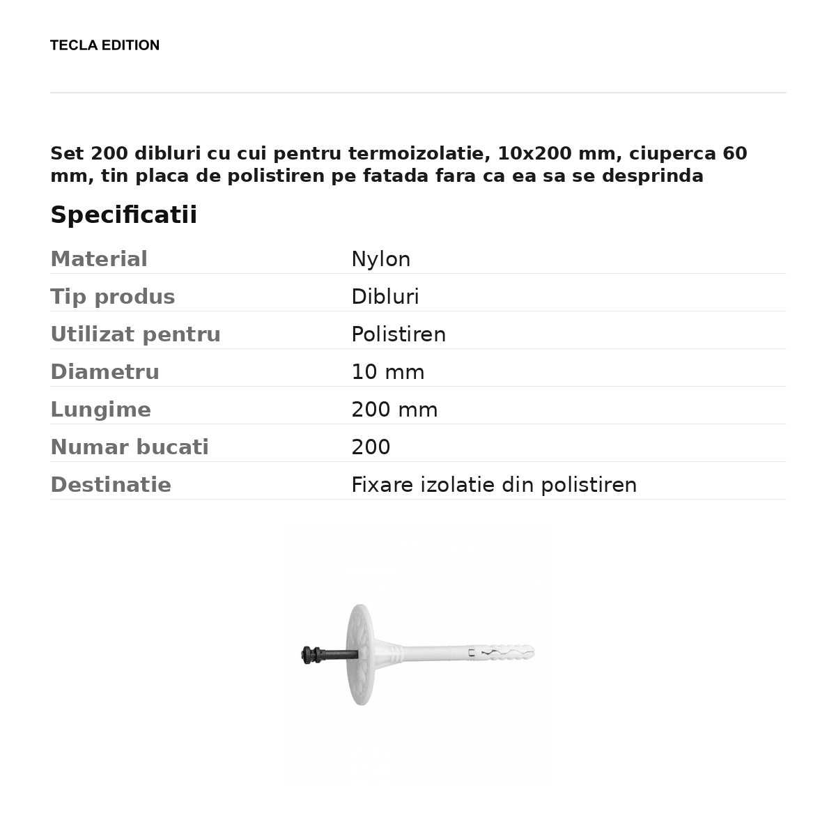 Set 200 dibluri cu cui pentru termoizolatie, 10x200 mm, ciuperca 60 mm, tin placa de polistiren pe fatada fara ca ea sa se desprinda [2]
