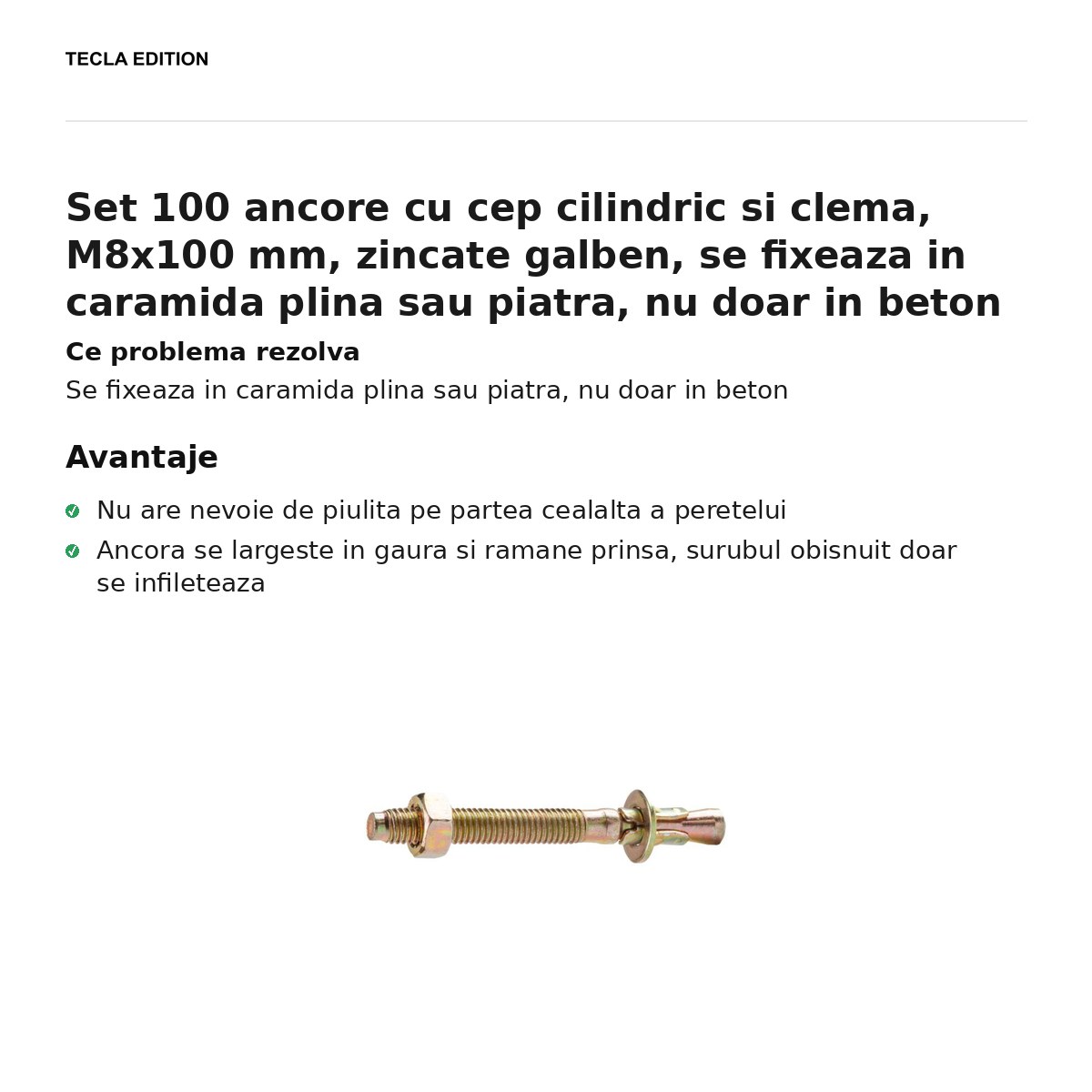 Set 100 ancore cu cep cilindric si clema, M8x100 mm, zincate galben, se fixeaza in caramida plina sau piatra, nu doar in beton [1]