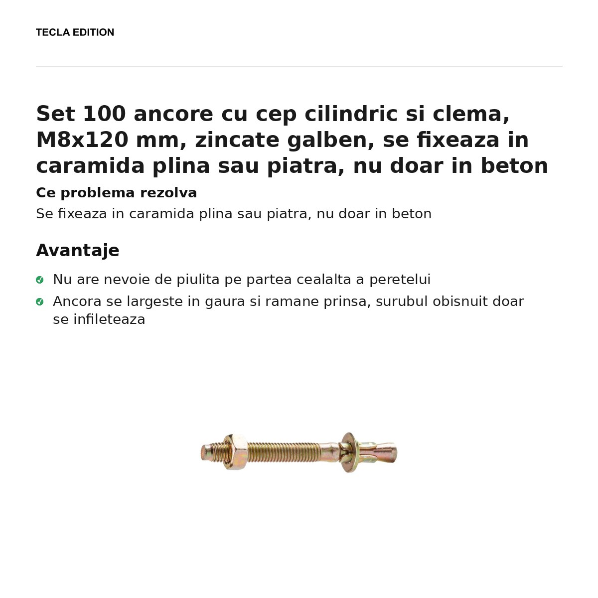 Set 100 ancore cu cep cilindric si clema, M8x120 mm, zincate galben, se fixeaza in caramida plina sau piatra, nu doar in beton [1]