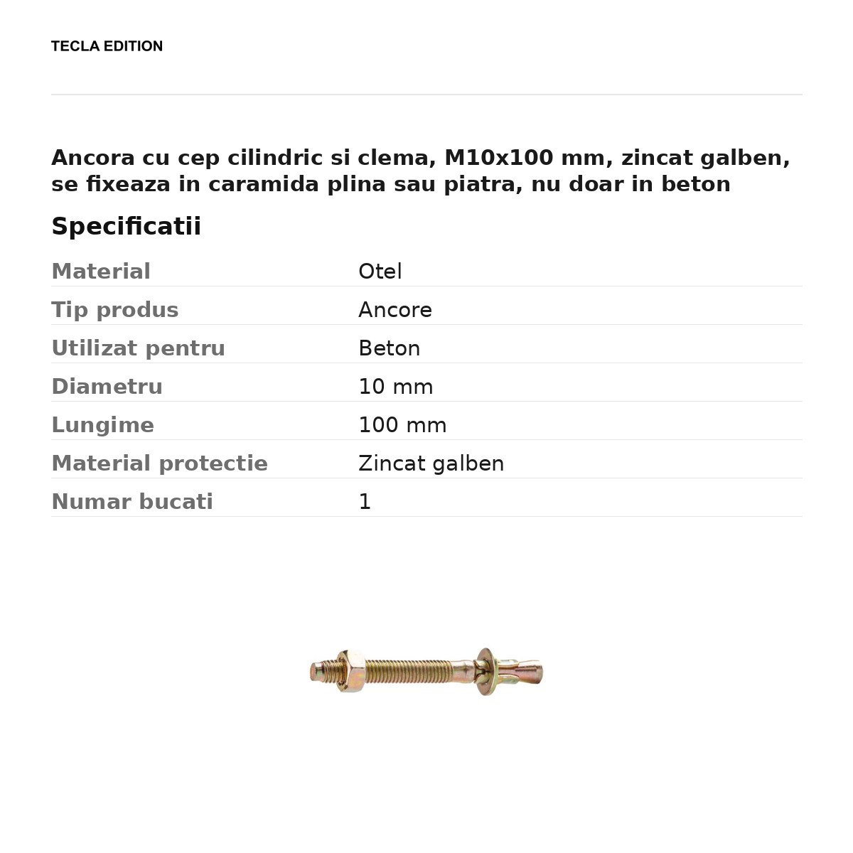 Ancora cu cep cilindric si clema, M10x100 mm, zincat galben, se fixeaza in caramida plina sau piatra, nu doar in beton [2]