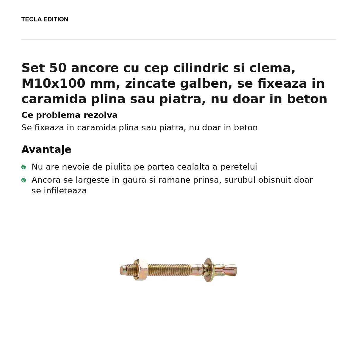 Set 50 ancore cu cep cilindric si clema, M10x100 mm, zincate galben, se fixeaza in caramida plina sau piatra, nu doar in beton [1]