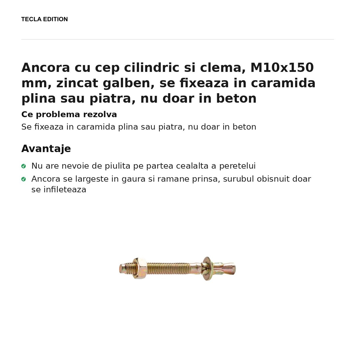 Ancora cu cep cilindric si clema, M10x150 mm, zincat galben, se fixeaza in caramida plina sau piatra, nu doar in beton [1]