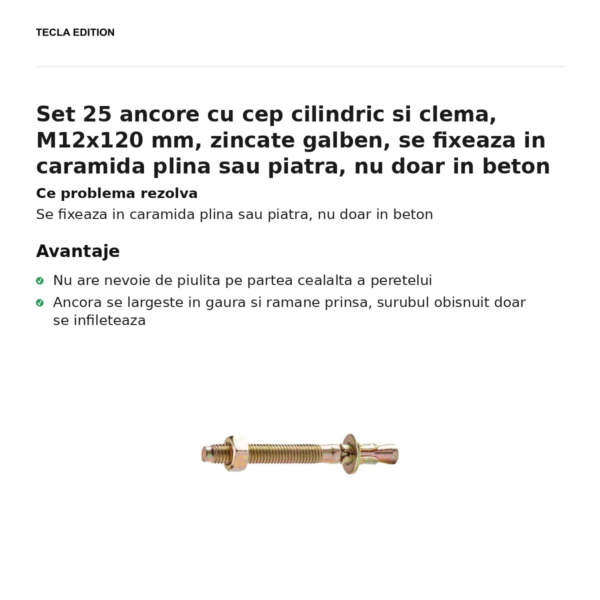 Set 25 ancore cu cep cilindric si clema, M12x120 mm, zincate galben, se fixeaza in caramida plina sau piatra, nu doar in beton [1]