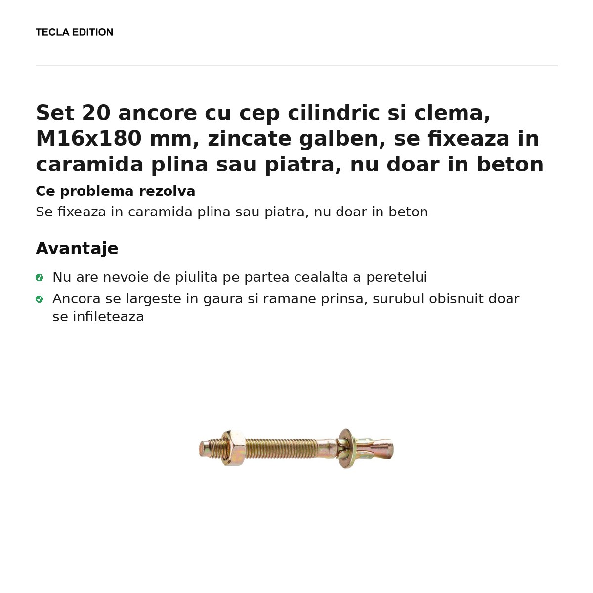Set 20 ancore cu cep cilindric si clema, M16x180 mm, zincate galben, se fixeaza in caramida plina sau piatra, nu doar in beton [1]