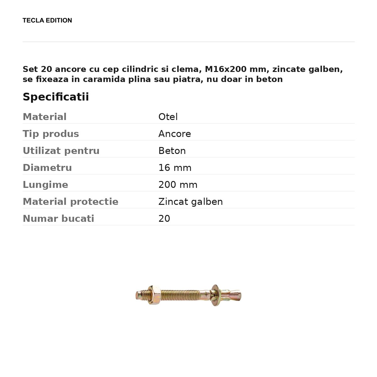 Set 20 ancore cu cep cilindric si clema, M16x200 mm, zincate galben, se fixeaza in caramida plina sau piatra, nu doar in beton [2]
