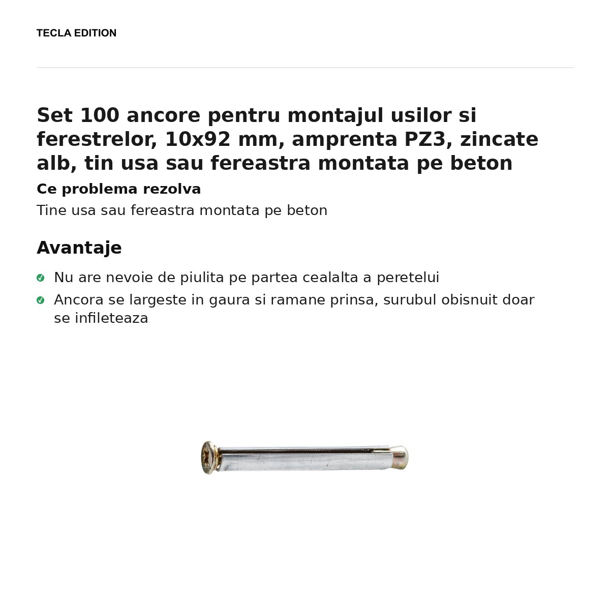 Set 100 ancore pentru montajul usilor si ferestrelor, 10x92 mm, amprenta PZ3, zincate alb, tin usa sau fereastra montata pe beton [1]