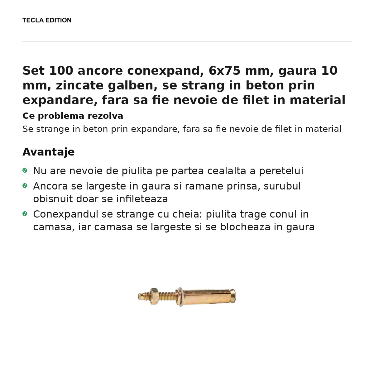 Set 100 ancore conexpand, 6x75 mm, gaura 10 mm, zincate galben, se strang in beton prin expandare, fara sa fie nevoie de filet in material [1]