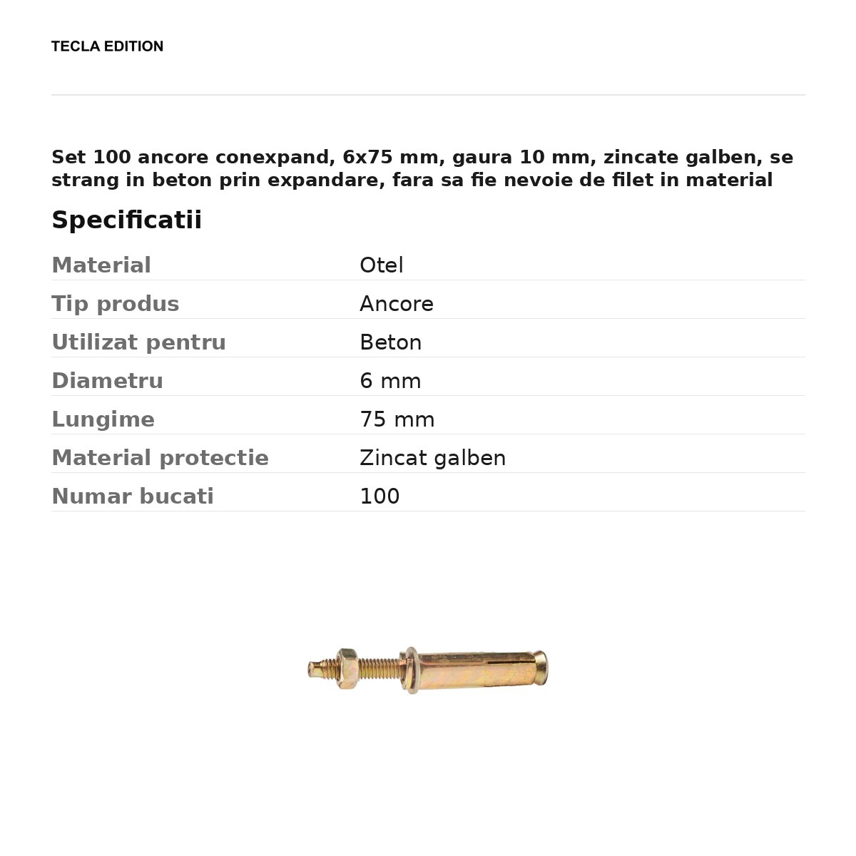 Set 100 ancore conexpand, 6x75 mm, gaura 10 mm, zincate galben, se strang in beton prin expandare, fara sa fie nevoie de filet in material [2]