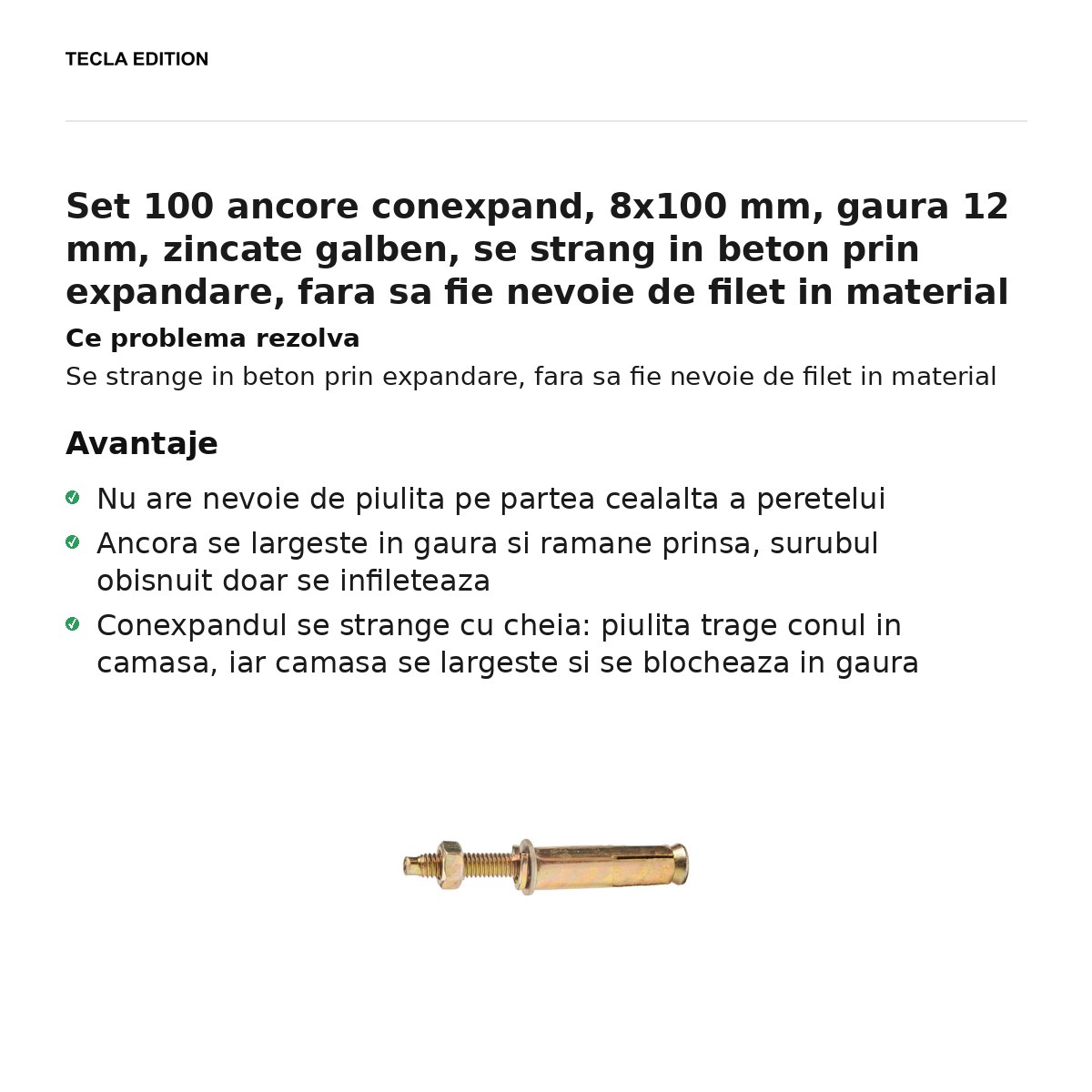 Set 100 ancore conexpand, 8x100 mm, gaura 12 mm, zincate galben, se strang in beton prin expandare, fara sa fie nevoie de filet in material [1]
