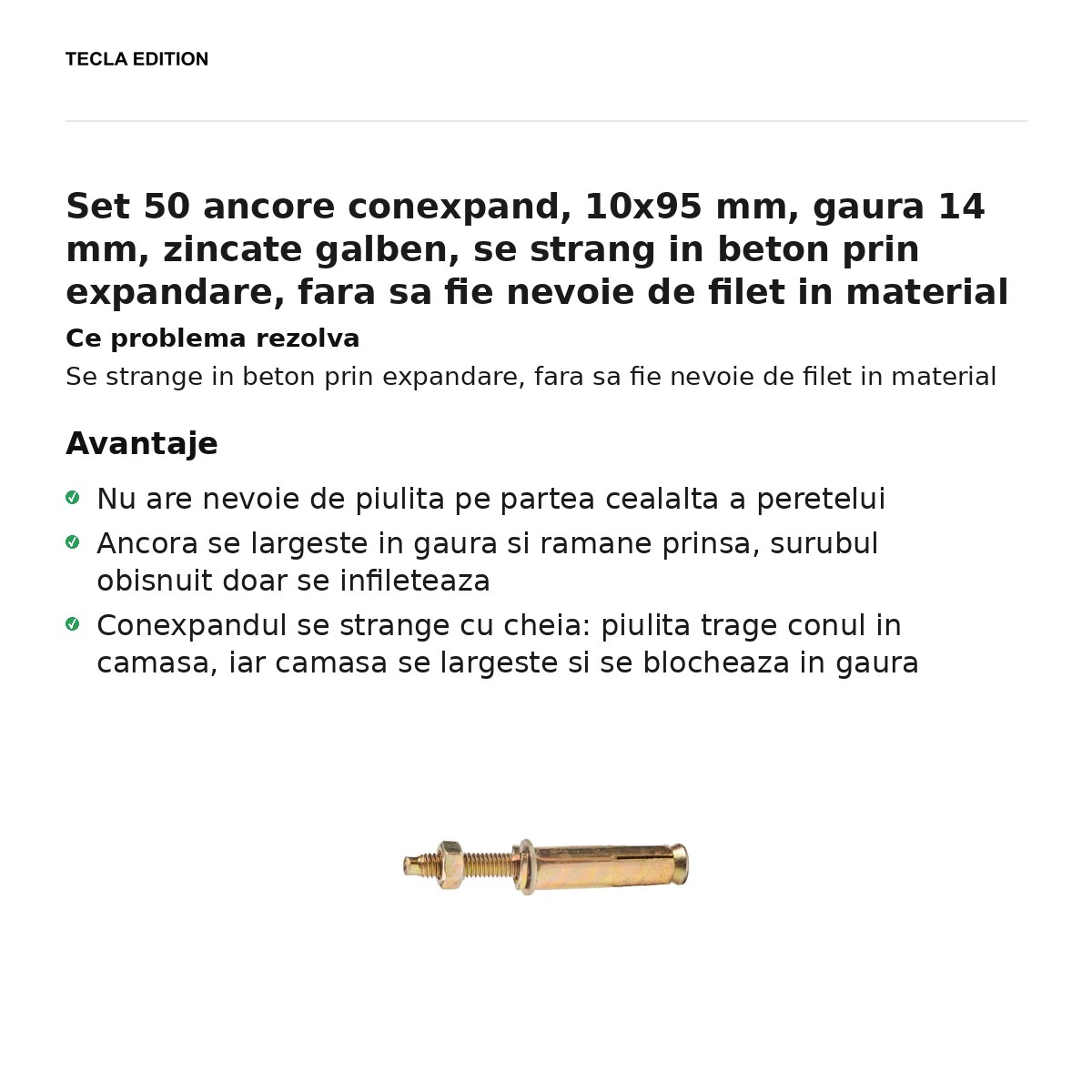 Set 50 ancore conexpand, 10x95 mm, gaura 14 mm, zincate galben, se strang in beton prin expandare, fara sa fie nevoie de filet in material [1]