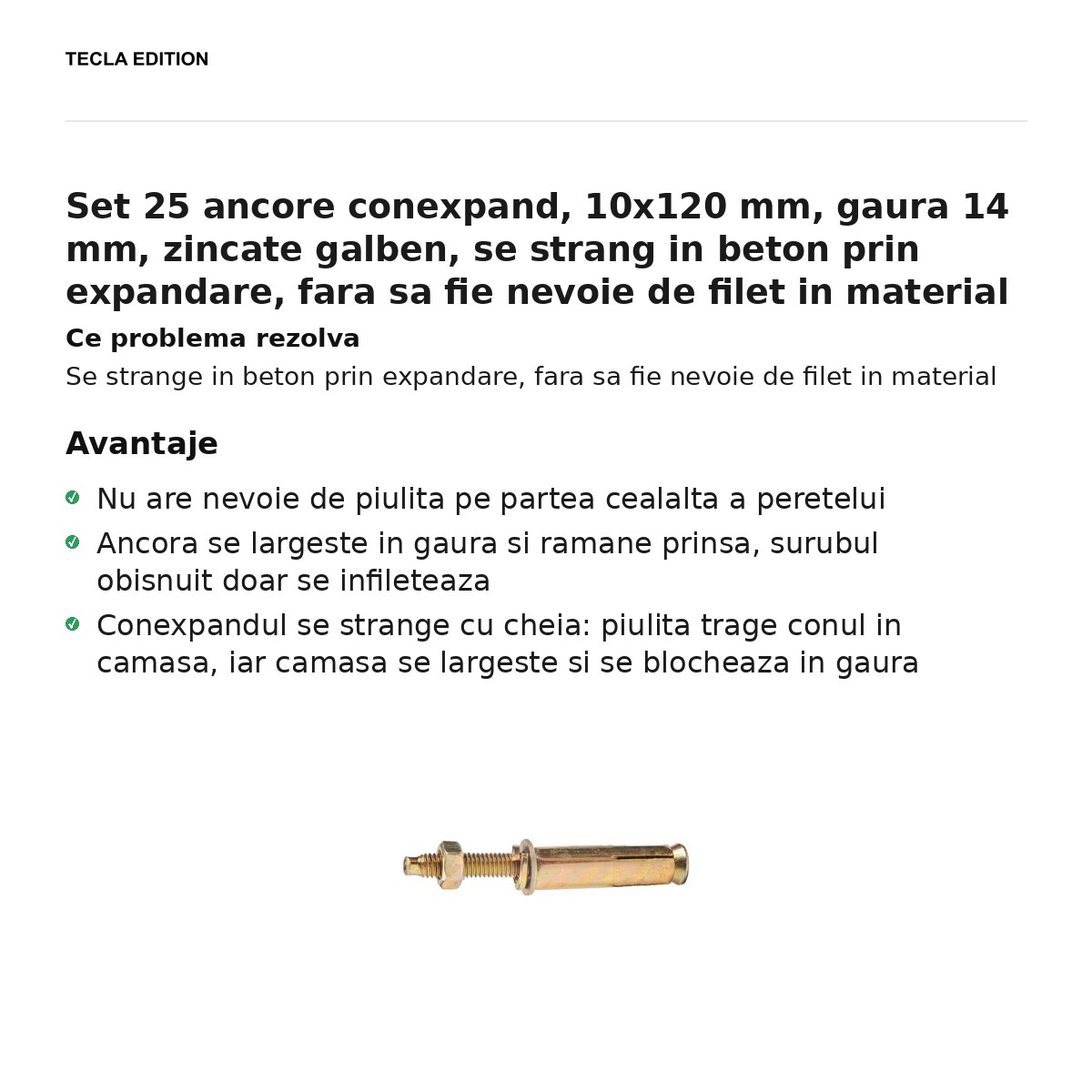 Set 25 ancore conexpand, 10x120 mm, gaura 14 mm, zincate galben, se strang in beton prin expandare, fara sa fie nevoie de filet in material [1]