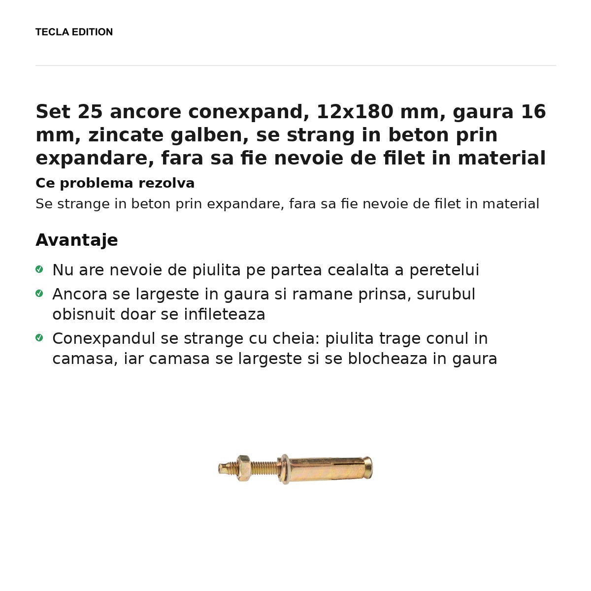 Set 25 ancore conexpand, 12x180 mm, gaura 16 mm, zincate galben, se strang in beton prin expandare, fara sa fie nevoie de filet in material [1]