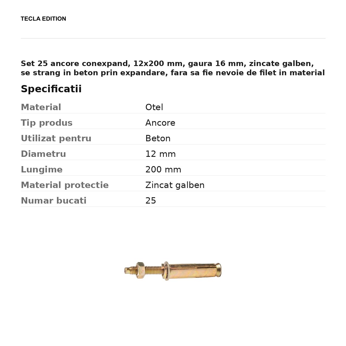 Set 25 ancore conexpand, 12x200 mm, gaura 16 mm, zincate galben, se strang in beton prin expandare, fara sa fie nevoie de filet in material [2]