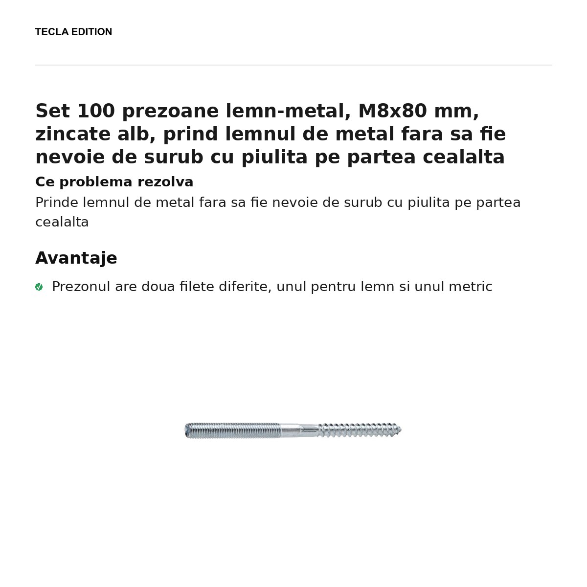 Set 100 prezoane lemn-metal, M8x80 mm, zincate alb, prind lemnul de metal fara sa fie nevoie de surub cu piulita pe partea cealalta [1]