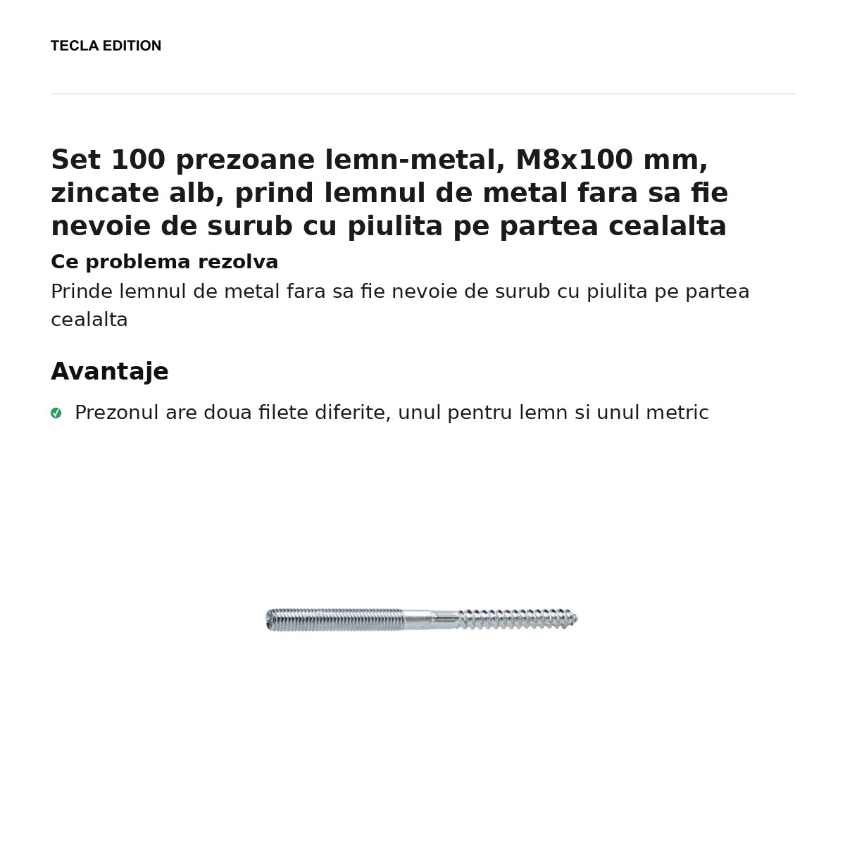 Set 100 prezoane lemn-metal, M8x100 mm, zincate alb, prind lemnul de metal fara sa fie nevoie de surub cu piulita pe partea cealalta [1]