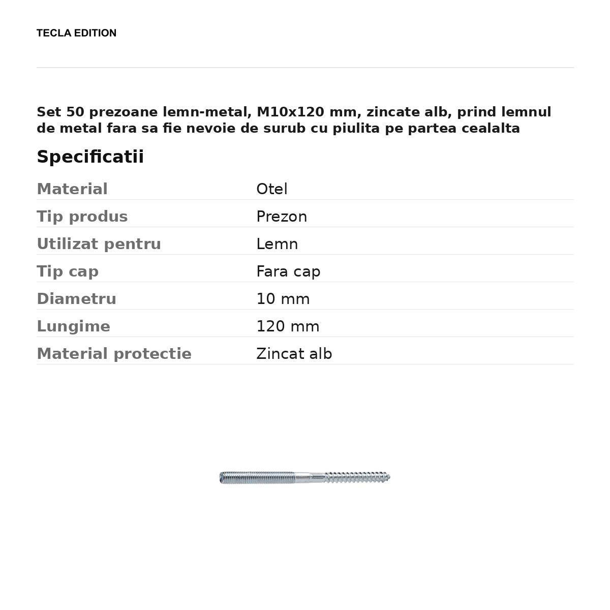 Set 50 prezoane lemn-metal, M10x120 mm, zincate alb, prind lemnul de metal fara sa fie nevoie de surub cu piulita pe partea cealalta [2]