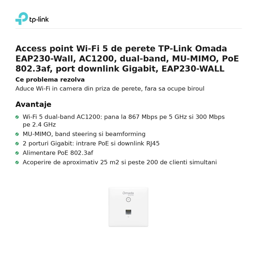 Access point Wi-Fi 5 de perete TP-Link Omada EAP230-Wall, AC1200, dual-band, MU-MIMO, PoE 802.3af, port downlink Gigabit, EAP230-WALL [2]