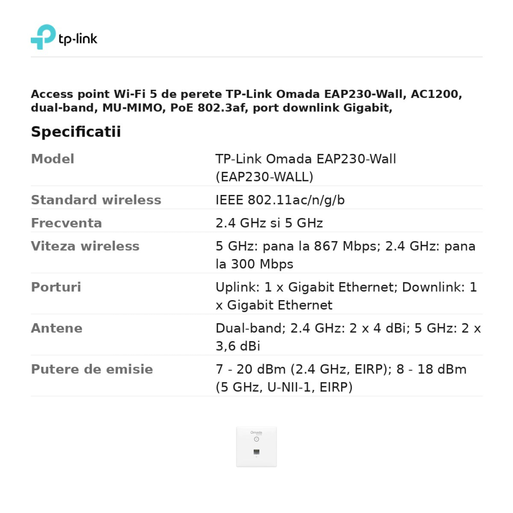 Access point Wi-Fi 5 de perete TP-Link Omada EAP230-Wall, AC1200, dual-band, MU-MIMO, PoE 802.3af, port downlink Gigabit, EAP230-WALL [3]