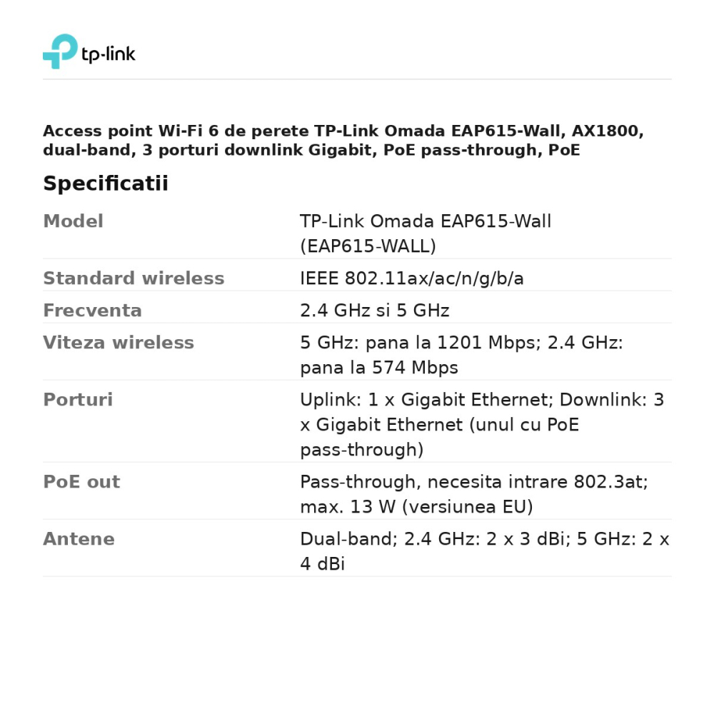 Access point Wi-Fi 6 de perete TP-Link Omada EAP615-Wall, AX1800, dual-band, 3 porturi downlink Gigabit, PoE pass-through, PoE 802.3af/at, EAP615-WALL [3]