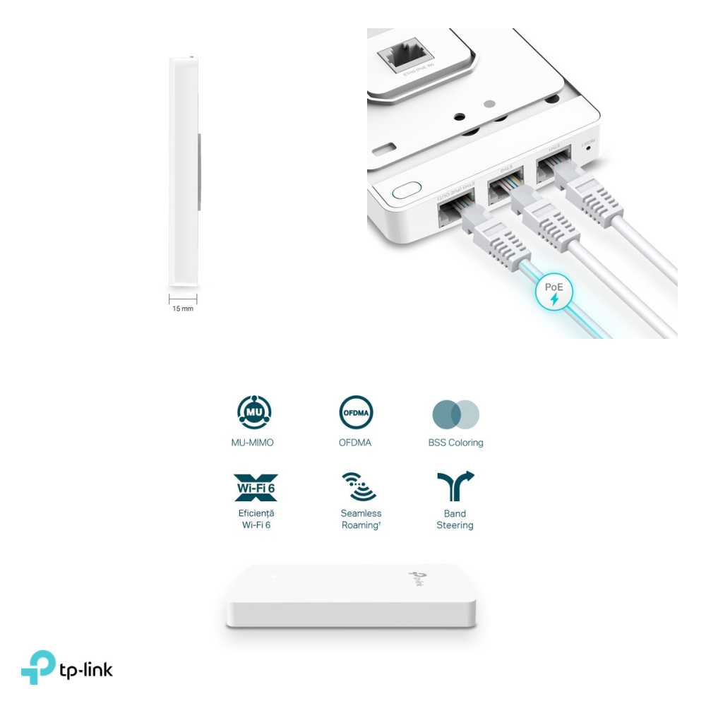 Access point Wi-Fi 6 de perete TP-Link Omada EAP615-Wall, AX1800, dual-band, 3 porturi downlink Gigabit, PoE pass-through, PoE 802.3af/at, EAP615-WALL [4]