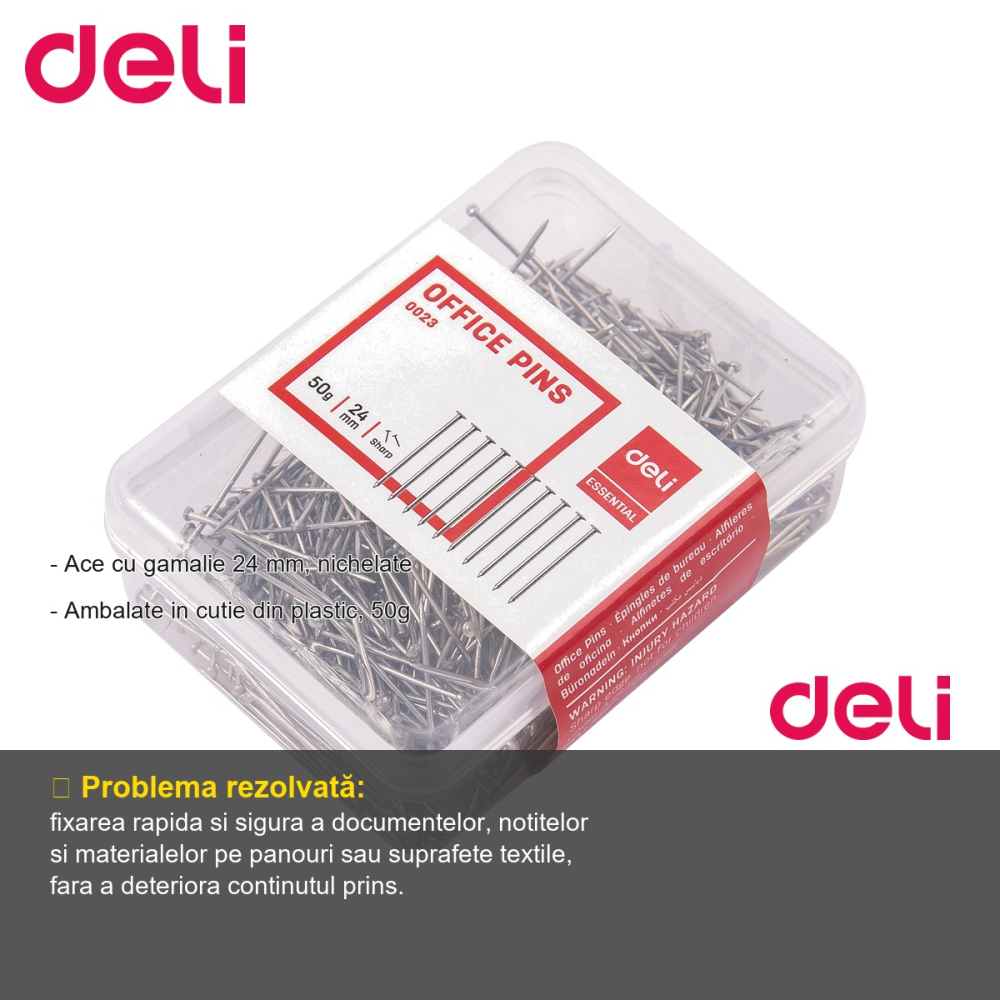 Ace cu gamalie nichelate Deli, 24 mm, cutie plastic 50g, pentru uz birou si activitati creative [2]