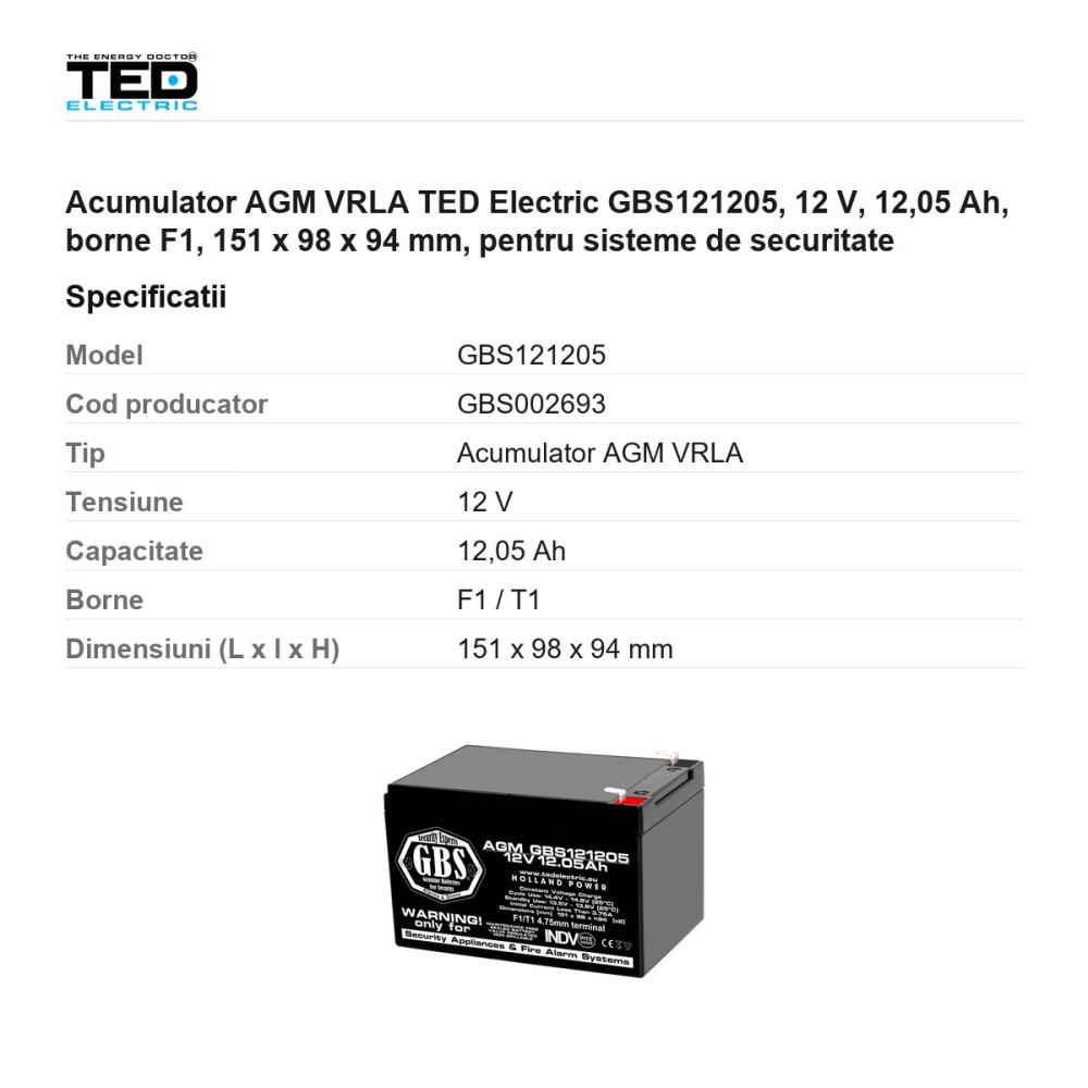 Acumulator AGM VRLA TED Electric GBS121205, 12 V, 12,05 Ah, borne F1, 151 x 98 x 94 mm, pentru sisteme de securitate [3]
