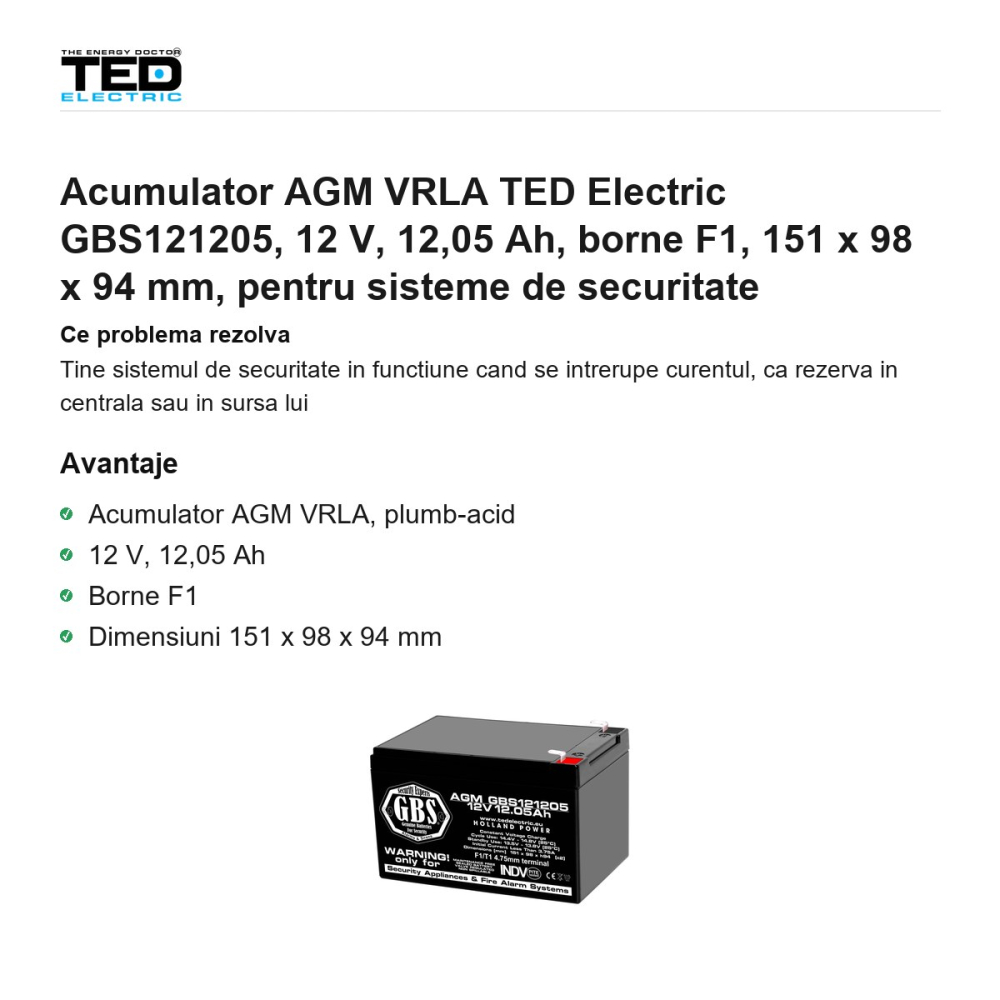Acumulator AGM VRLA TED Electric GBS121205, 12 V, 12,05 Ah, borne F1, 151 x 98 x 94 mm, pentru sisteme de securitate [2]
