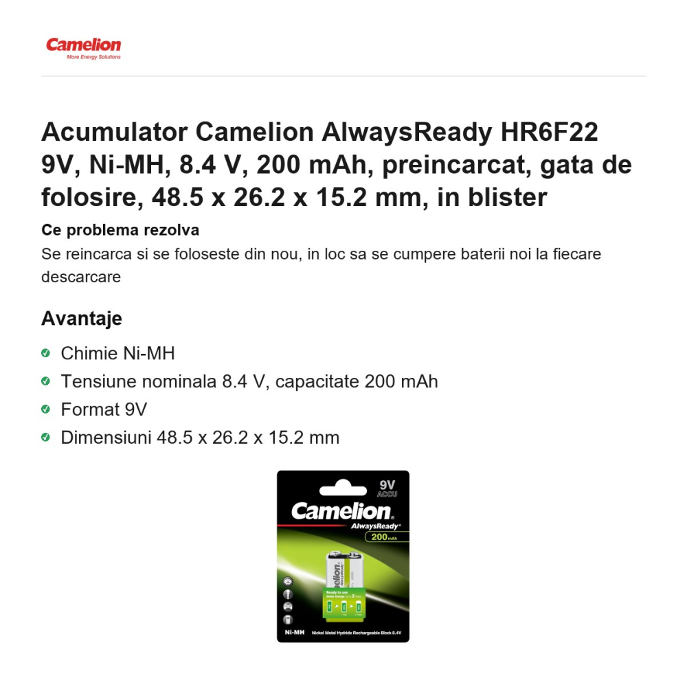 Acumulator Camelion AlwaysReady HR6F22 9V, Ni-MH, 8.4 V, 200 mAh, preincarcat, gata de folosire, 48.5 x 26.2 x 15.2 mm, in blister [2]