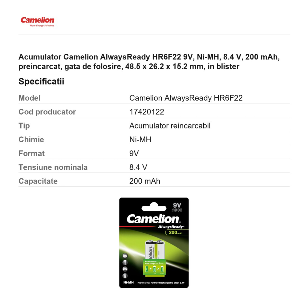 Acumulator Camelion AlwaysReady HR6F22 9V, Ni-MH, 8.4 V, 200 mAh, preincarcat, gata de folosire, 48.5 x 26.2 x 15.2 mm, in blister [3]