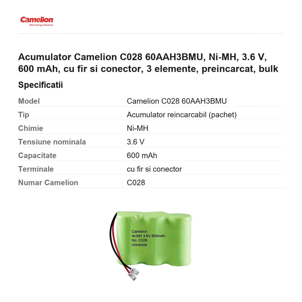 Acumulator Camelion C028 60AAH3BMU, Ni-MH, 3.6 V, 600 mAh, cu fir si conector, 3 elemente, preincarcat, bulk [3]