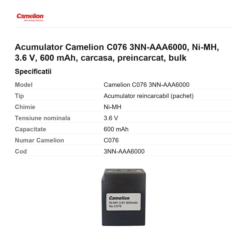 Acumulator Camelion C076 3NN-AAA6000, Ni-MH, 3.6 V, 600 mAh, carcasa, preincarcat, bulk [3]