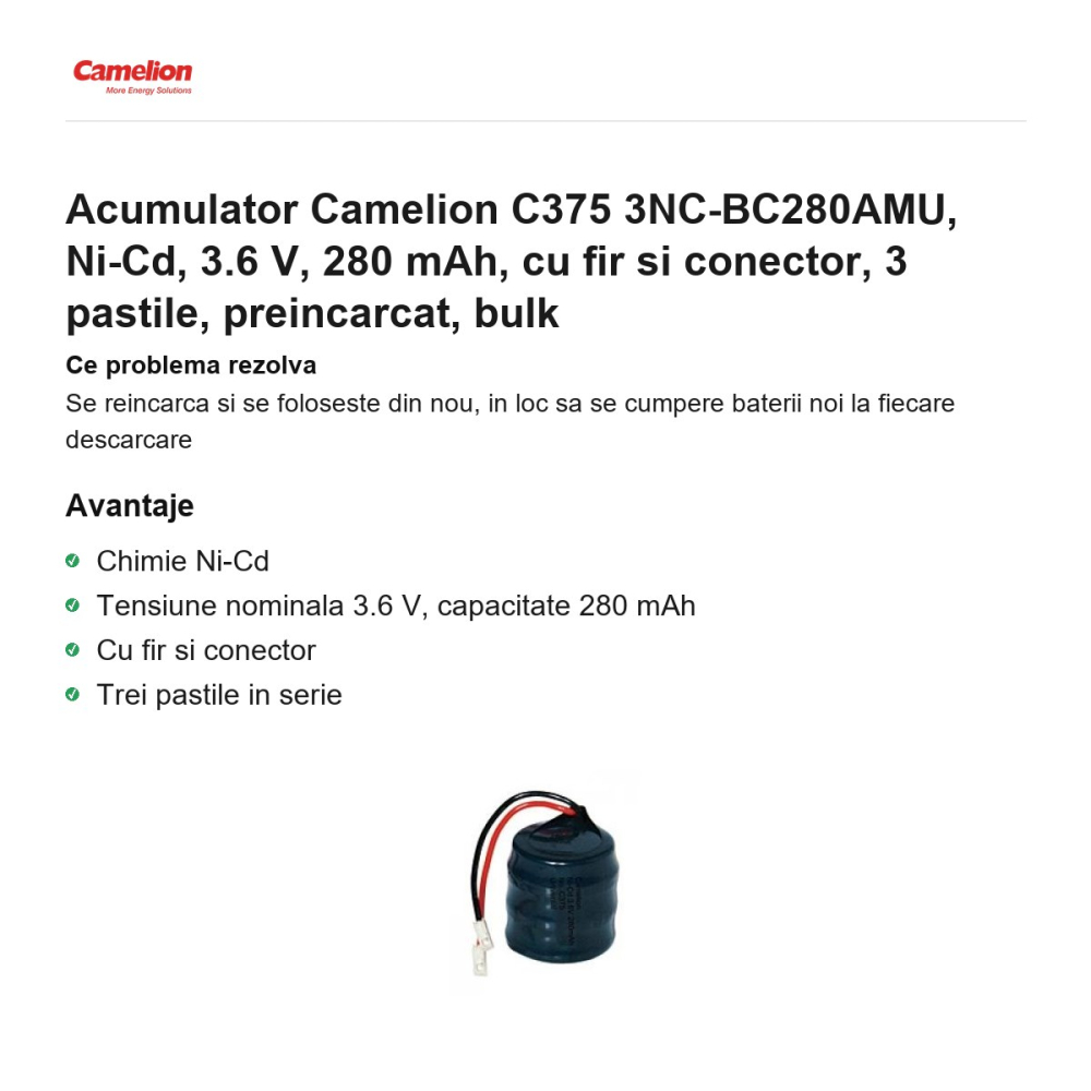 Acumulator Camelion C375 3NC-BC280AMU, Ni-Cd, 3.6 V, 280 mAh, cu fir si conector, 3 pastile, preincarcat, bulk [2]