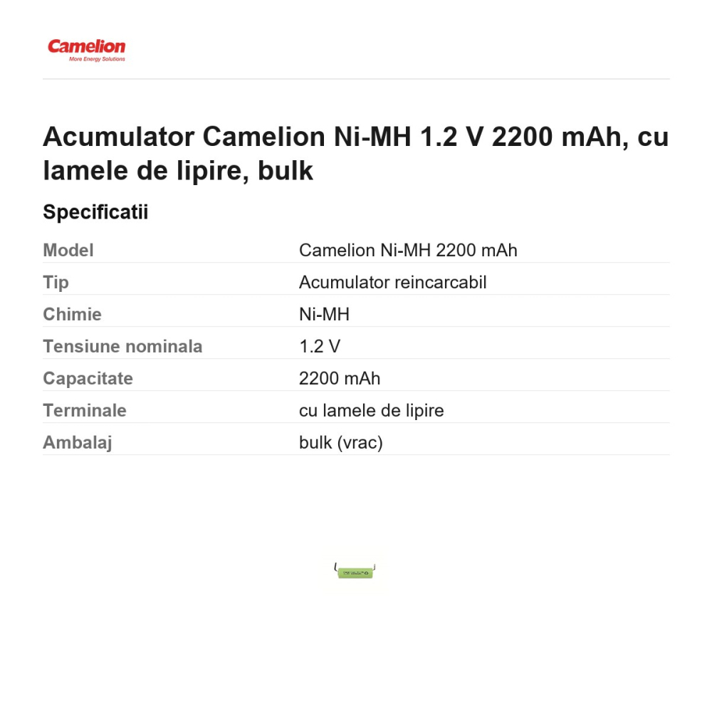 Acumulator Camelion Ni-MH 1.2 V 2200 mAh, cu lamele de lipire, bulk [3]