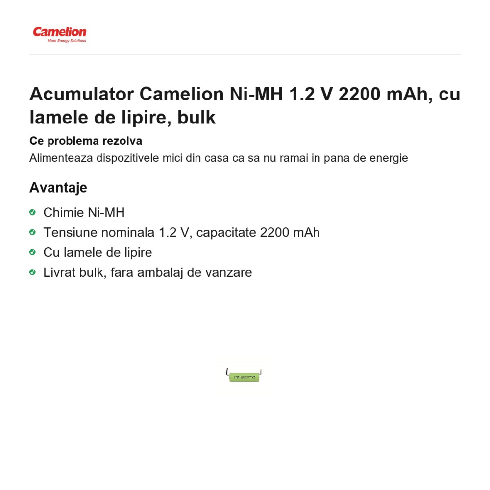Acumulator Camelion Ni-MH 1.2 V 2200 mAh, cu lamele de lipire, bulk [2]