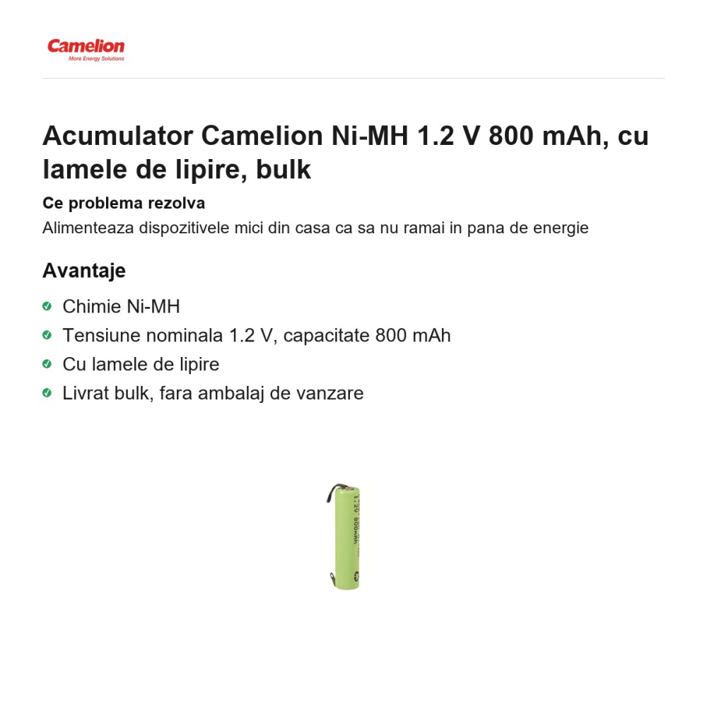 Acumulator Camelion Ni-MH 1.2 V 800 mAh, cu lamele de lipire, bulk [2]