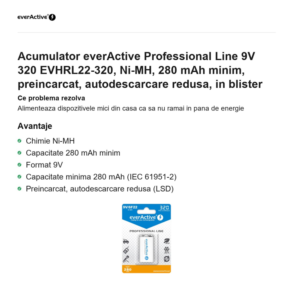 Acumulator everActive Professional Line 9V 320 EVHRL22-320, Ni-MH, 280 mAh minim, preincarcat, autodescarcare redusa, in blister [2]