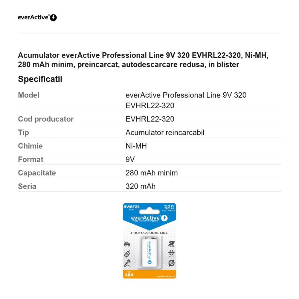 Acumulator everActive Professional Line 9V 320 EVHRL22-320, Ni-MH, 280 mAh minim, preincarcat, autodescarcare redusa, in blister [3]