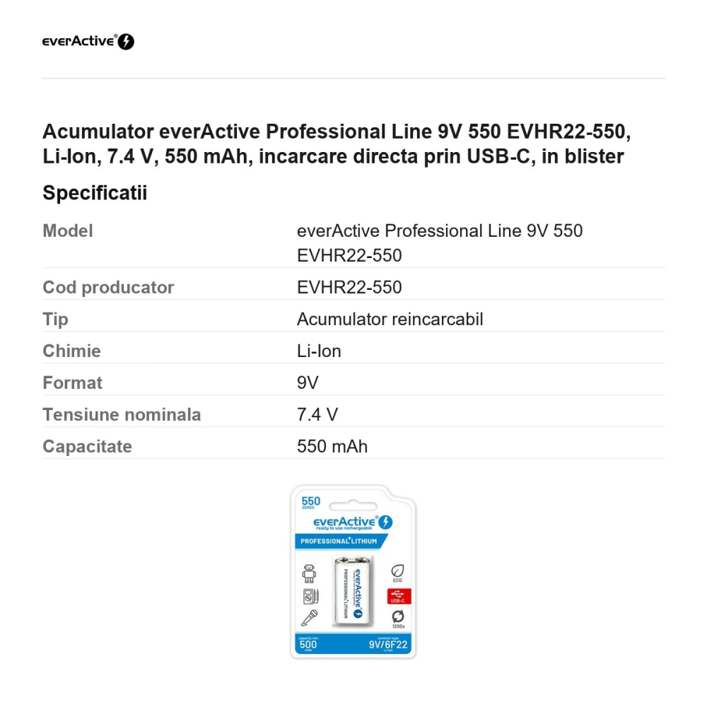 Acumulator everActive Professional Line 9V 550 EVHR22-550, Li-Ion, 7.4 V, 550 mAh, incarcare directa prin USB-C, in blister [3]