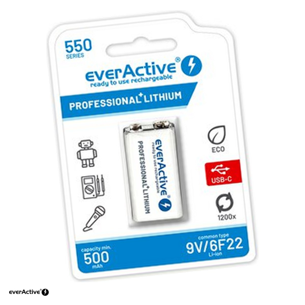 Acumulator everActive Professional Line 9V 550 EVHR22-550, Li-Ion, 7.4 V, 550 mAh, incarcare directa prin USB-C, in blister [1]