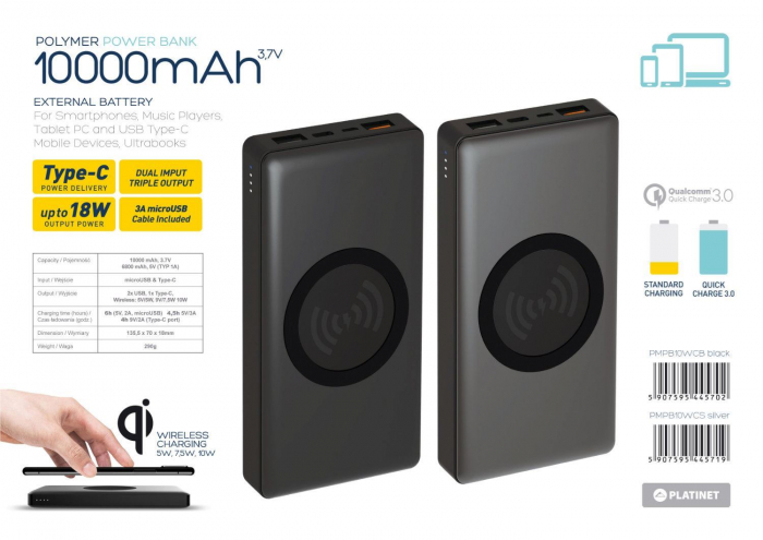 Acumulator extern Qi wireless Platinet 44571,10000mAh Quick Charge, USB tip C,2 intrari 3 iesiri, gri [5]