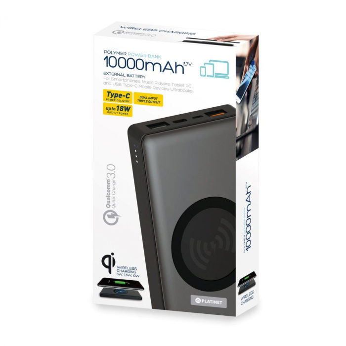 Acumulator extern Qi wireless Platinet 44571,10000mAh Quick Charge, USB tip C,2 intrari 3 iesiri, gri [7]