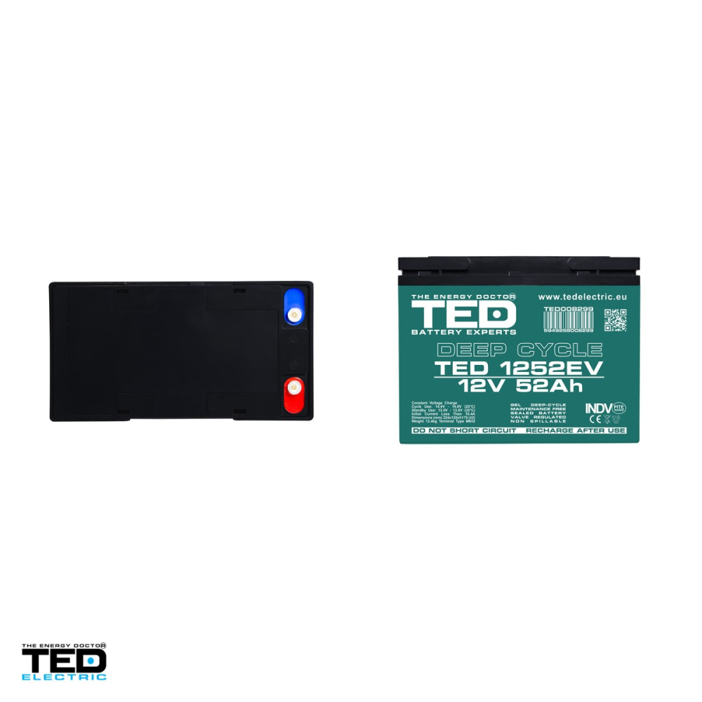 Acumulator GEL VRLA deep cycle TED Electric TEDEV1252, 12 V, 52 Ah, pentru vehicule electrice, 224 x 120 x 175 mm, borne M6, TED008299 [4]