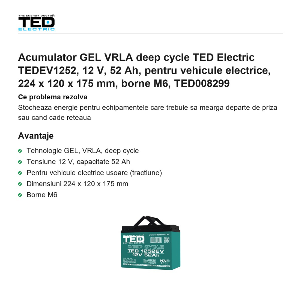 Acumulator GEL VRLA deep cycle TED Electric TEDEV1252, 12 V, 52 Ah, pentru vehicule electrice, 224 x 120 x 175 mm, borne M6, TED008299 [2]