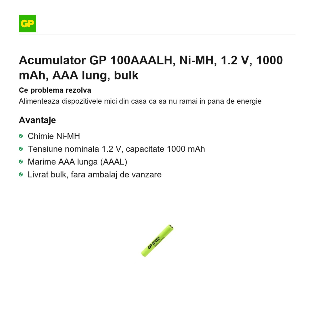 Acumulator GP 100AAALH, Ni-MH, 1.2 V, 1000 mAh, AAA lung, bulk [2]