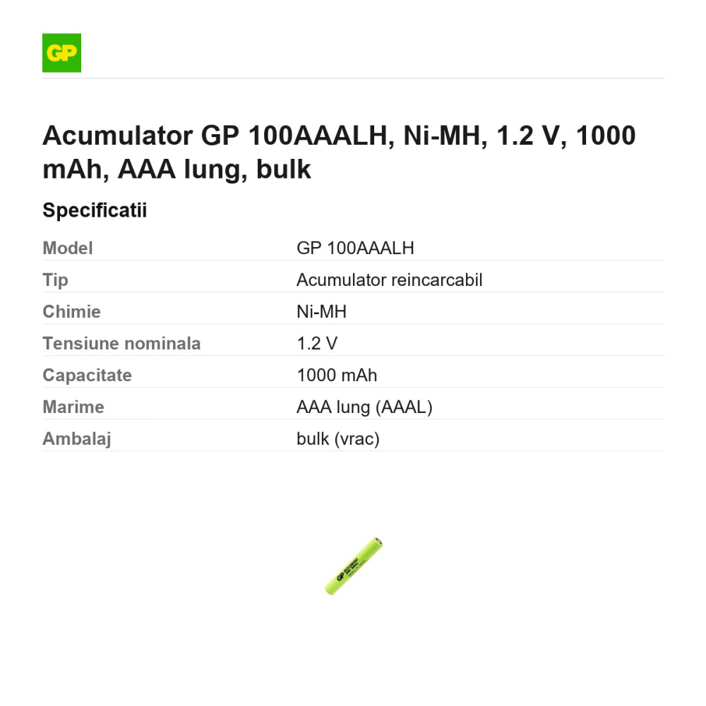 Acumulator GP 100AAALH, Ni-MH, 1.2 V, 1000 mAh, AAA lung, bulk [3]