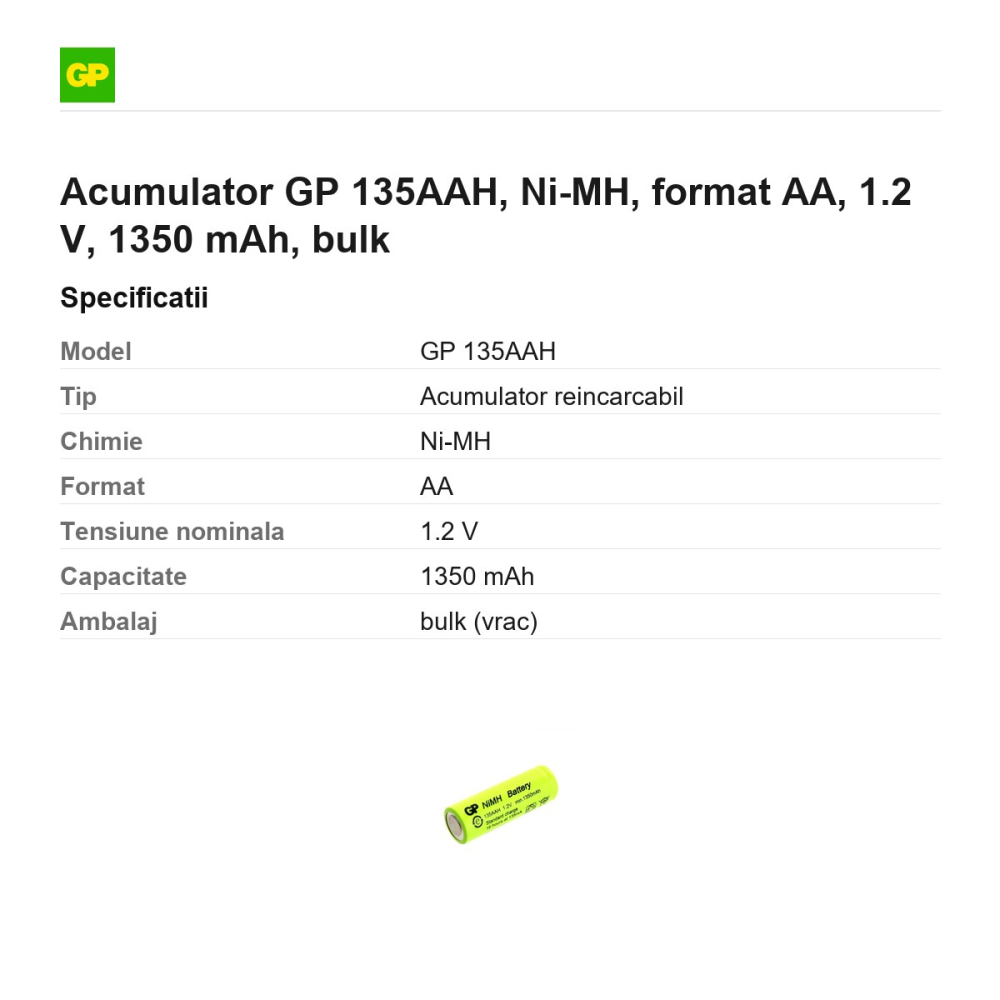 Acumulator GP 135AAH, Ni-MH, format AA, 1.2 V, 1350 mAh, bulk [3]