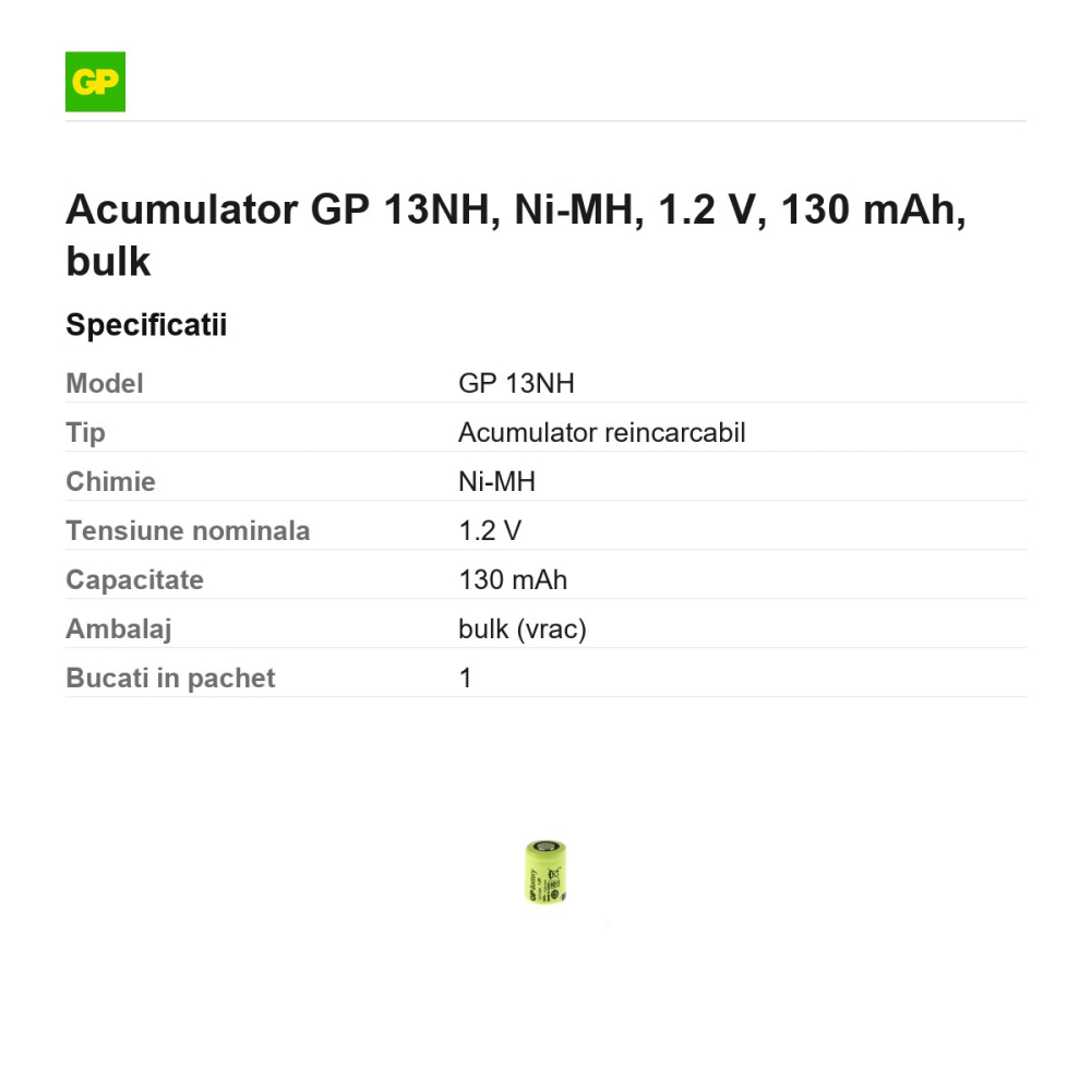 Acumulator GP 13NH, Ni-MH, 1.2 V, 130 mAh, bulk [3]