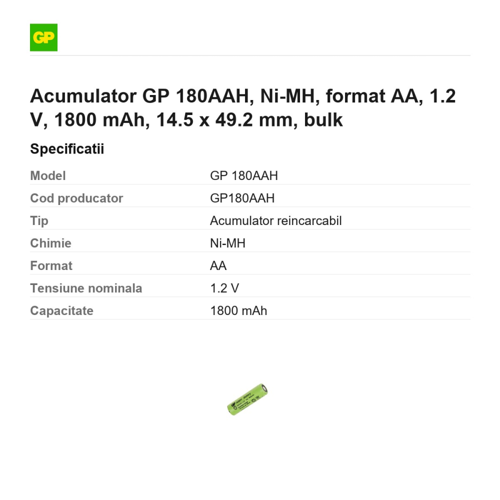 Acumulator GP 180AAH, Ni-MH, format AA, 1.2 V, 1800 mAh, 14.5 x 49.2 mm, bulk [3]