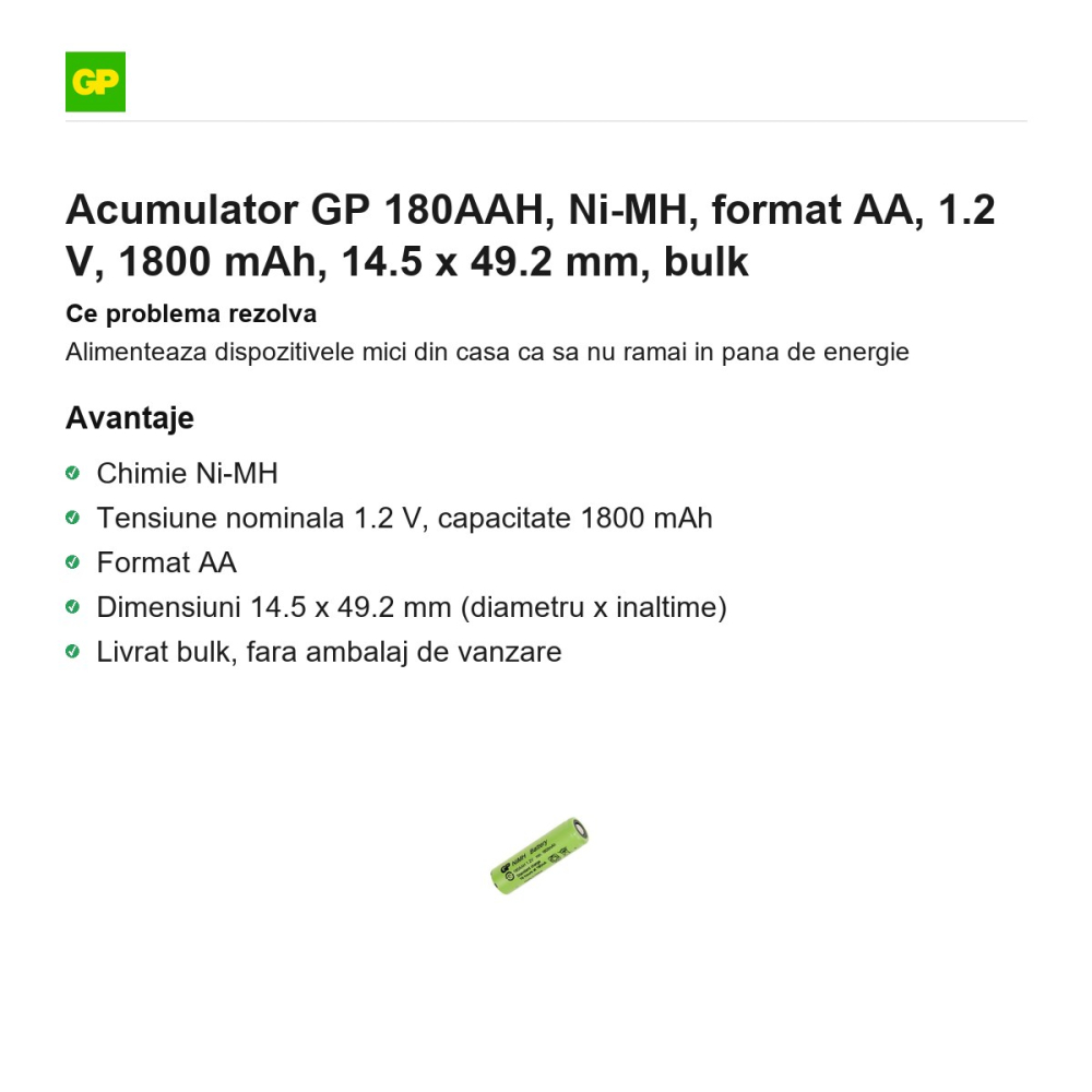 Acumulator GP 180AAH, Ni-MH, format AA, 1.2 V, 1800 mAh, 14.5 x 49.2 mm, bulk [2]
